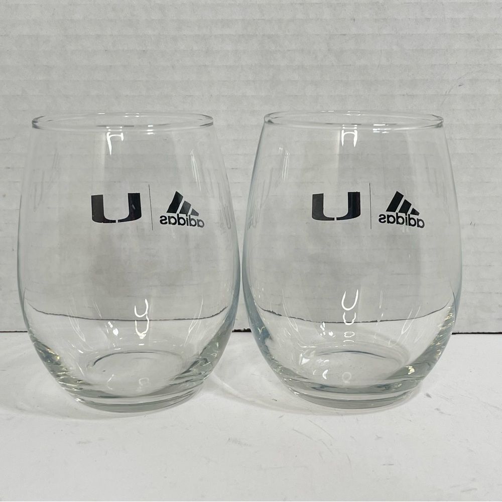 Adidas University of Miami Hurricanes Stemless Wine Glasses UM Clear Set of 2 - Picture 2 of 6